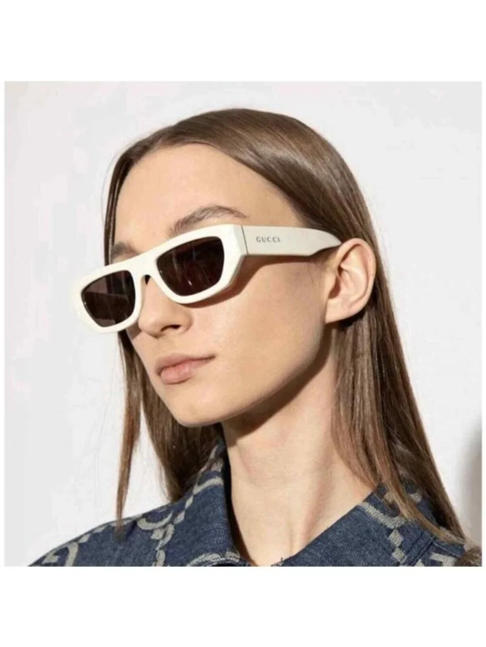Gucci GG1134S 003 Rectangle Sunglasses - Ivory/Brown